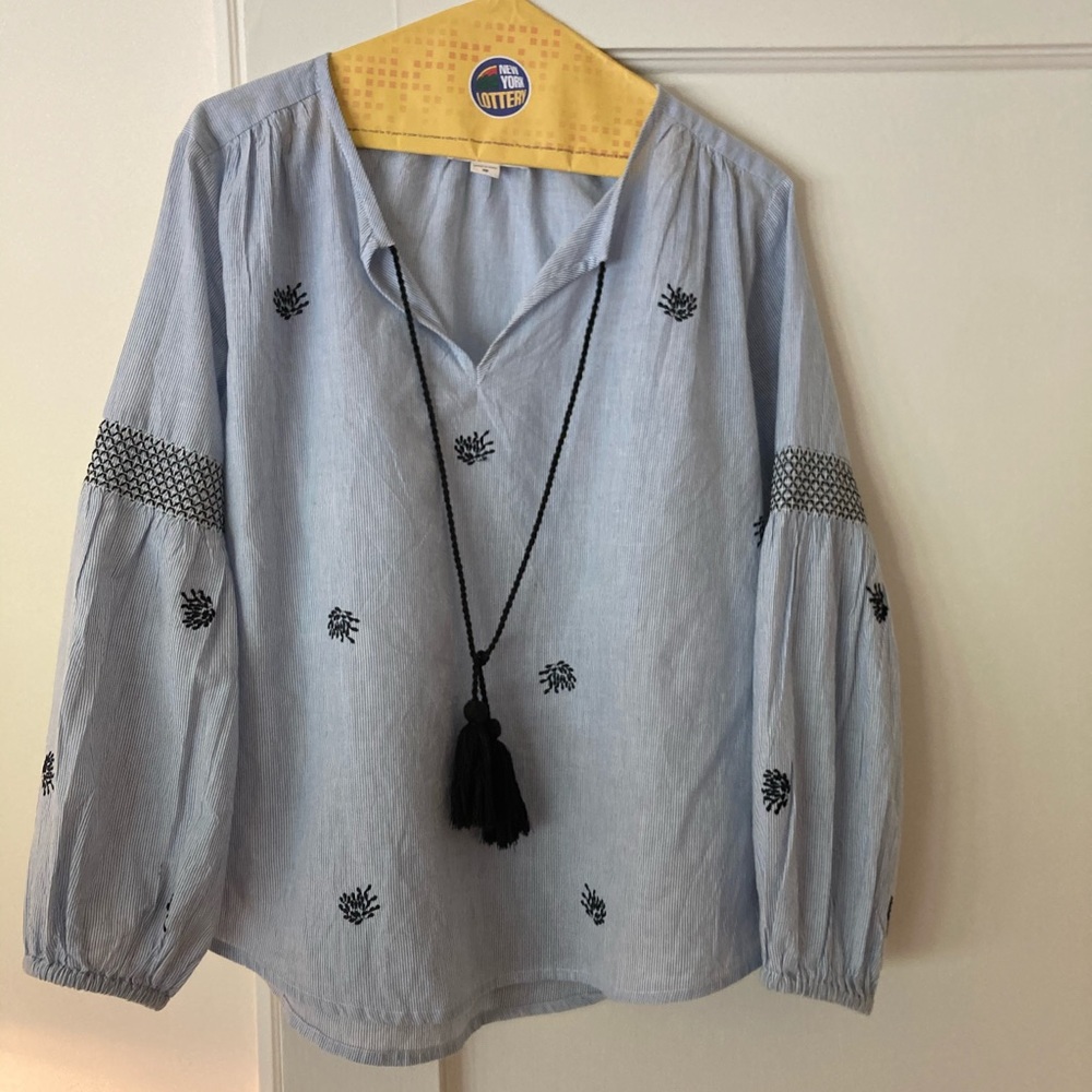 Blue pinstripe peasant Blouse with leaf stitching